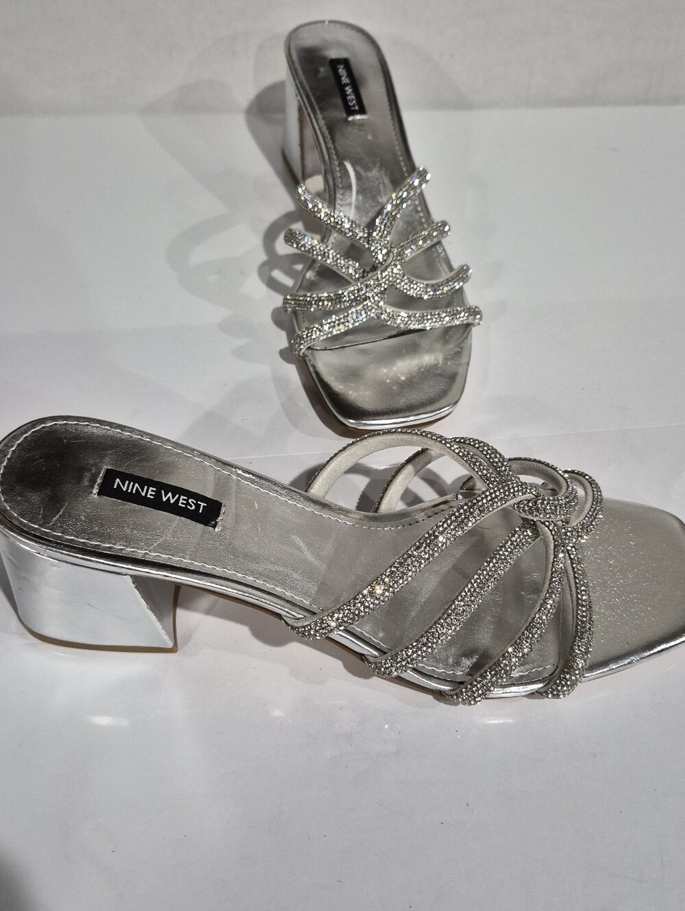 Nine West Silver Rhinestone Strappy Block Heel Sandals Size 12